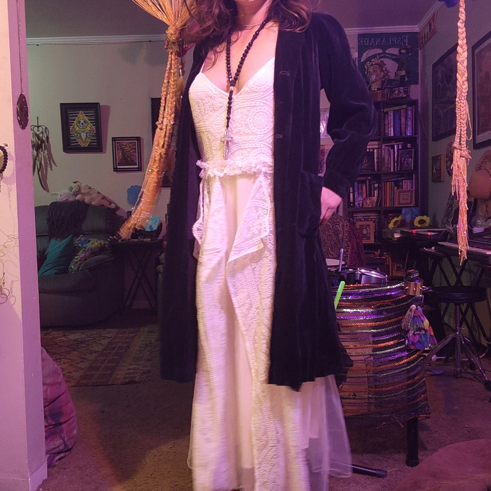 Gothic wedding dress and velvet trench coat